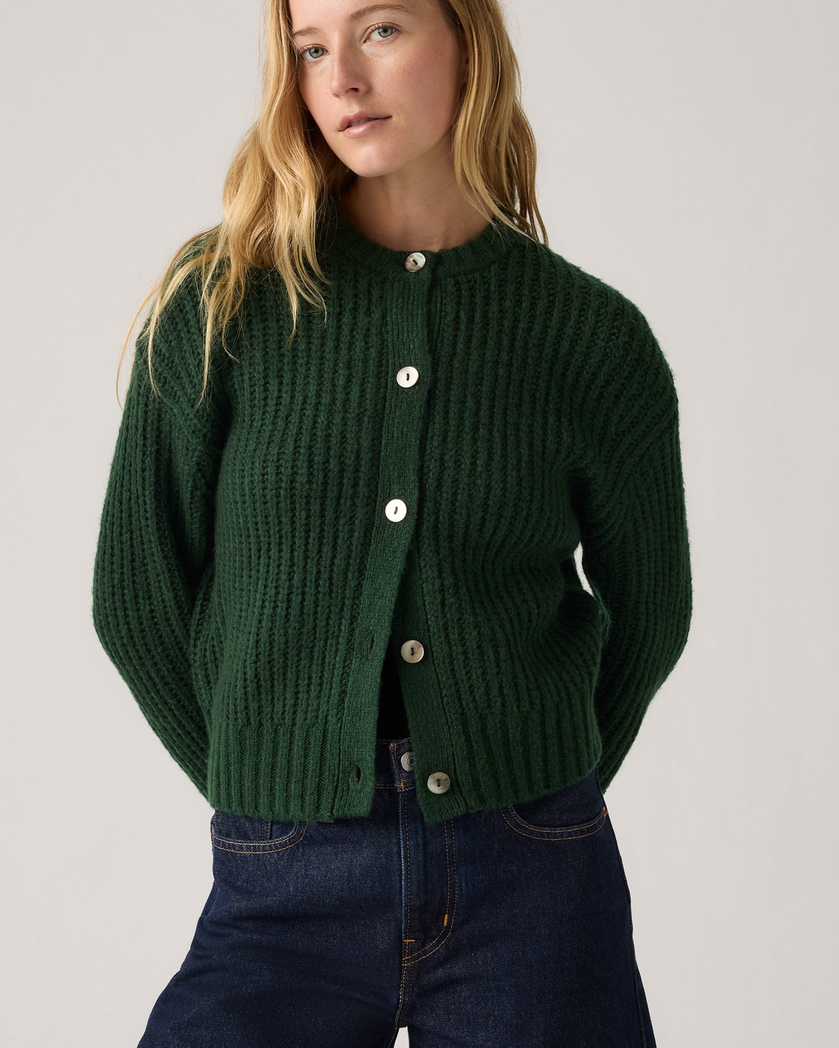 womens green cardigan outfit levis mountain view, styled by model