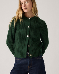womens green cardigan outfit levis mountain view, styled by model