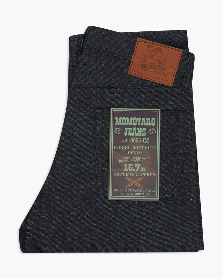 Momotaro Natural Tapered Mens Jeans - 15.7oz Indigo x Mint Blue Selvedge Denim