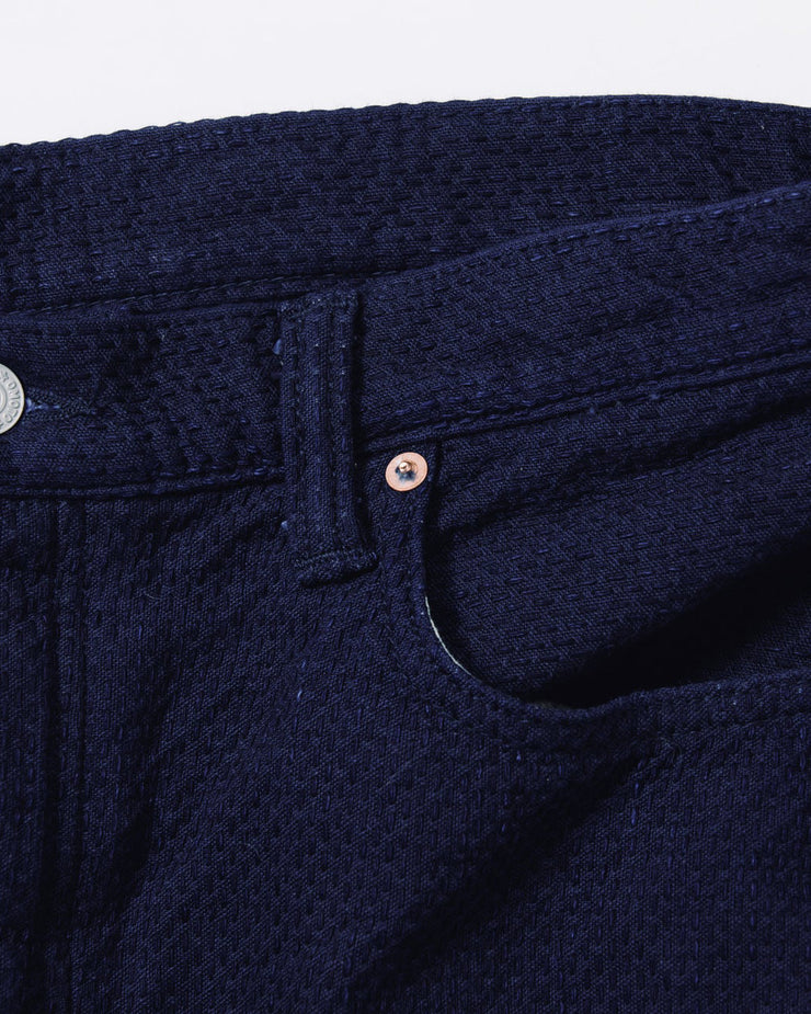 Omoto Denim 0621 15oz Ori-Zashi Sashiko Relaxed Tapered Trousers - Onewash