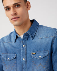 Wrangler Icons 27MW Western Denim Shirt - Icon Mid Stone | Wrangler Shirts | JEANSTORE