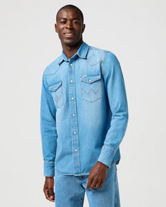 Wrangler Western Denim Shirt - Mid Light Wash