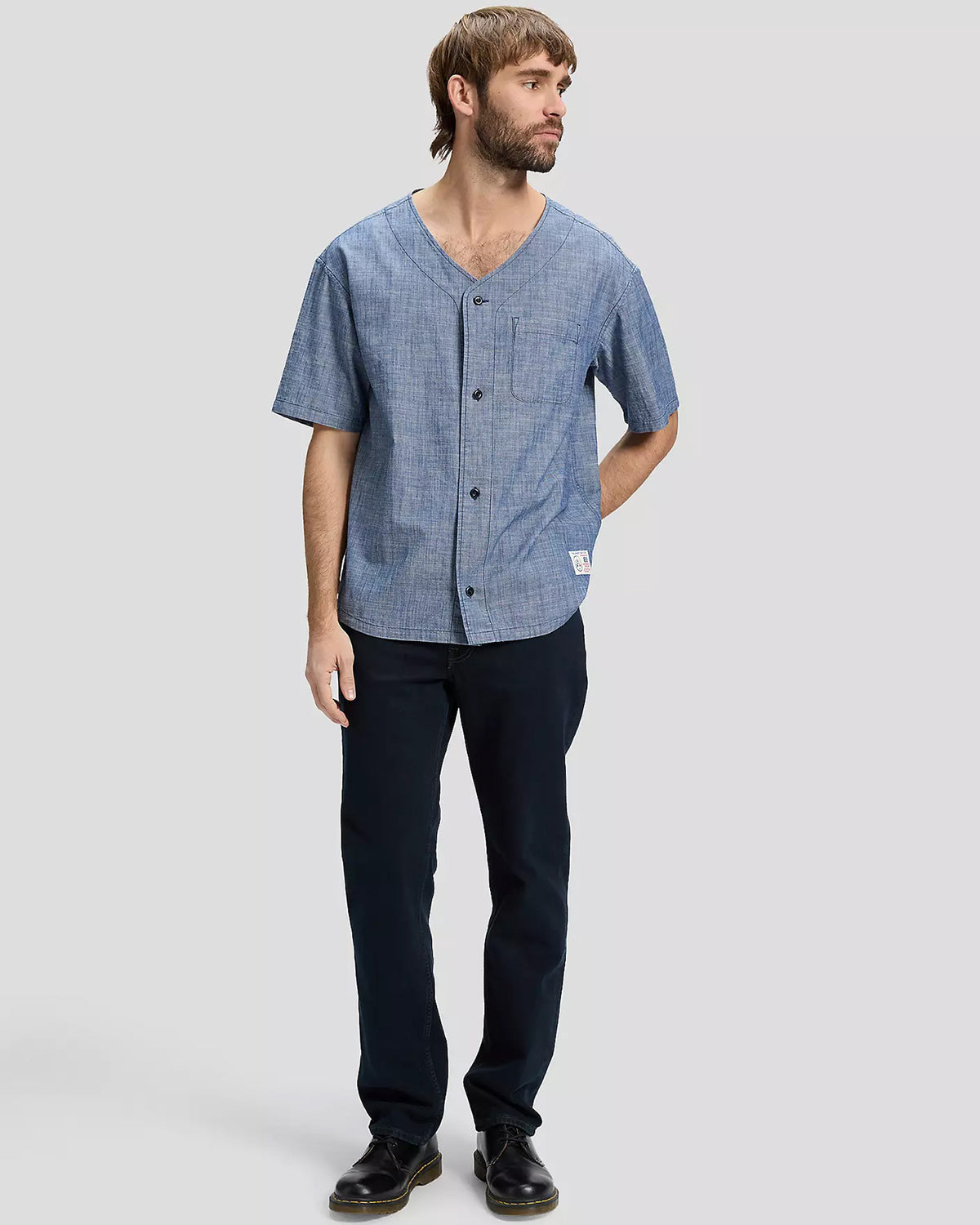 Lee Relaxed Baseball Tee w/ Pocket - Light Wash Chambray