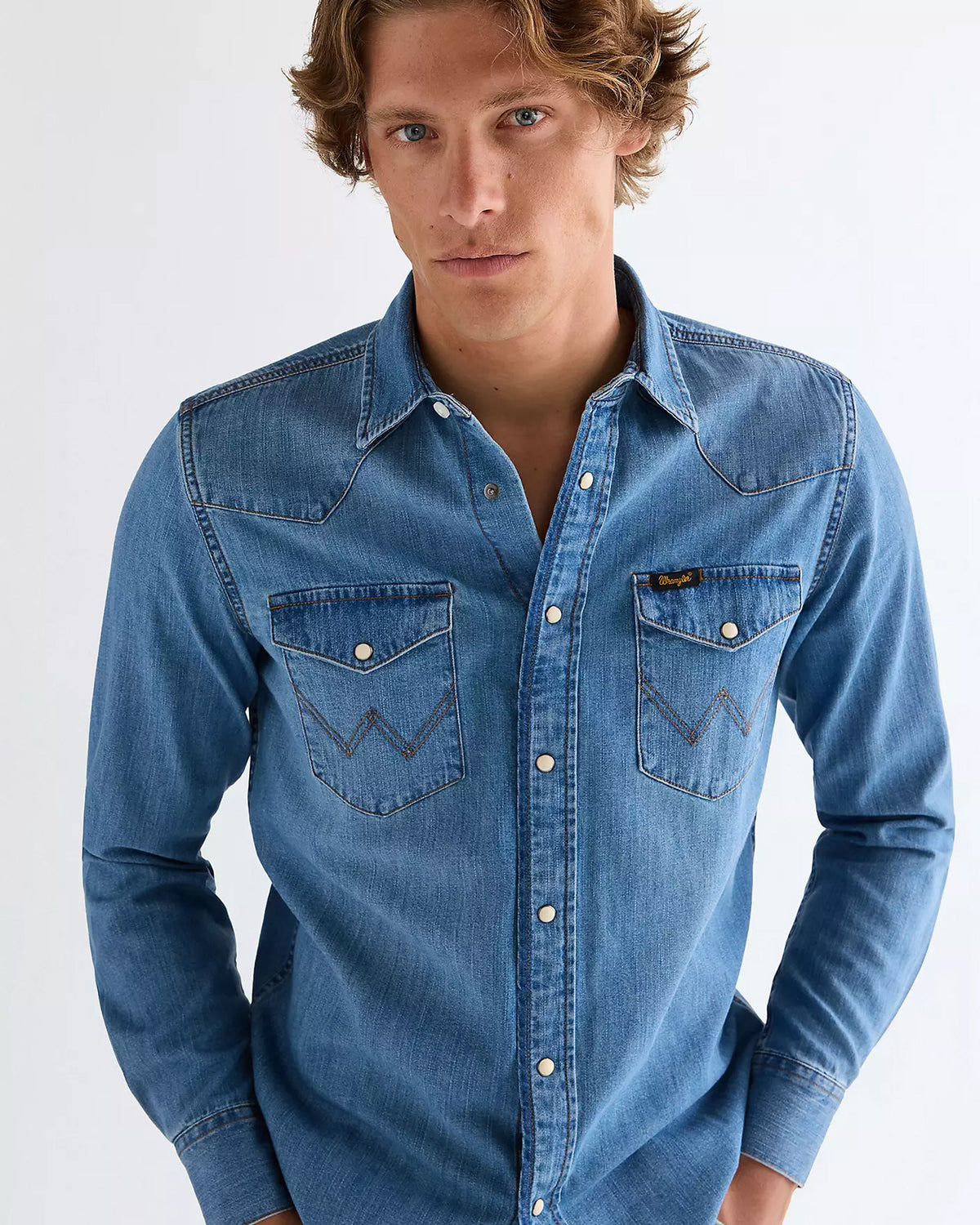 Wrangler Western Denim Shirt - Mid Light Wash
