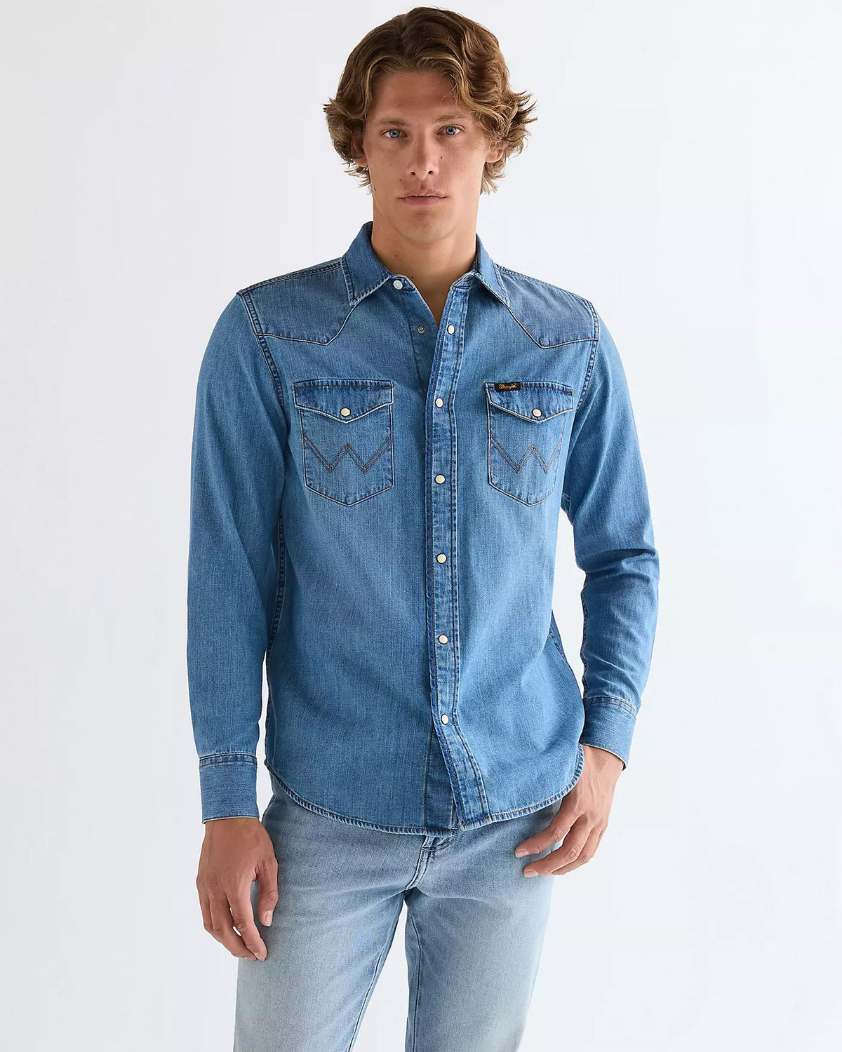 Wrangler Western Denim Shirt - Mid Light Wash