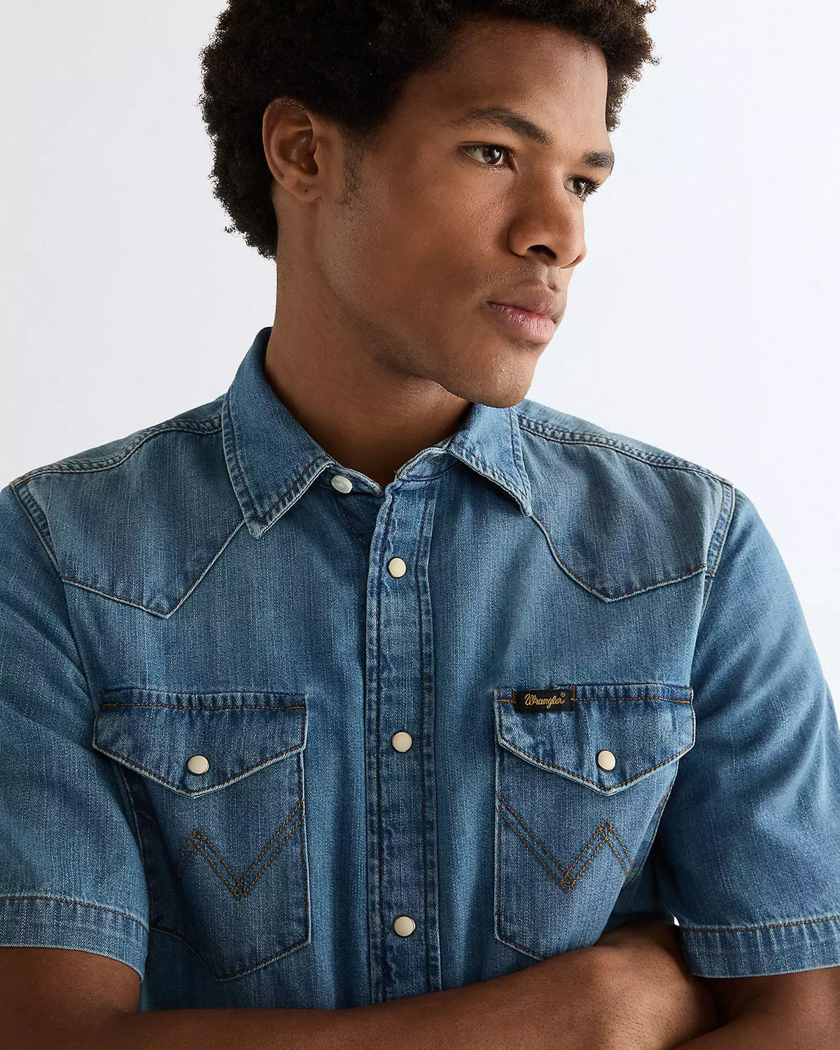 Wrangler S/S Western Denim Shirt - Mid Light Wash | Wrangler Shirts | JEANSTORE
