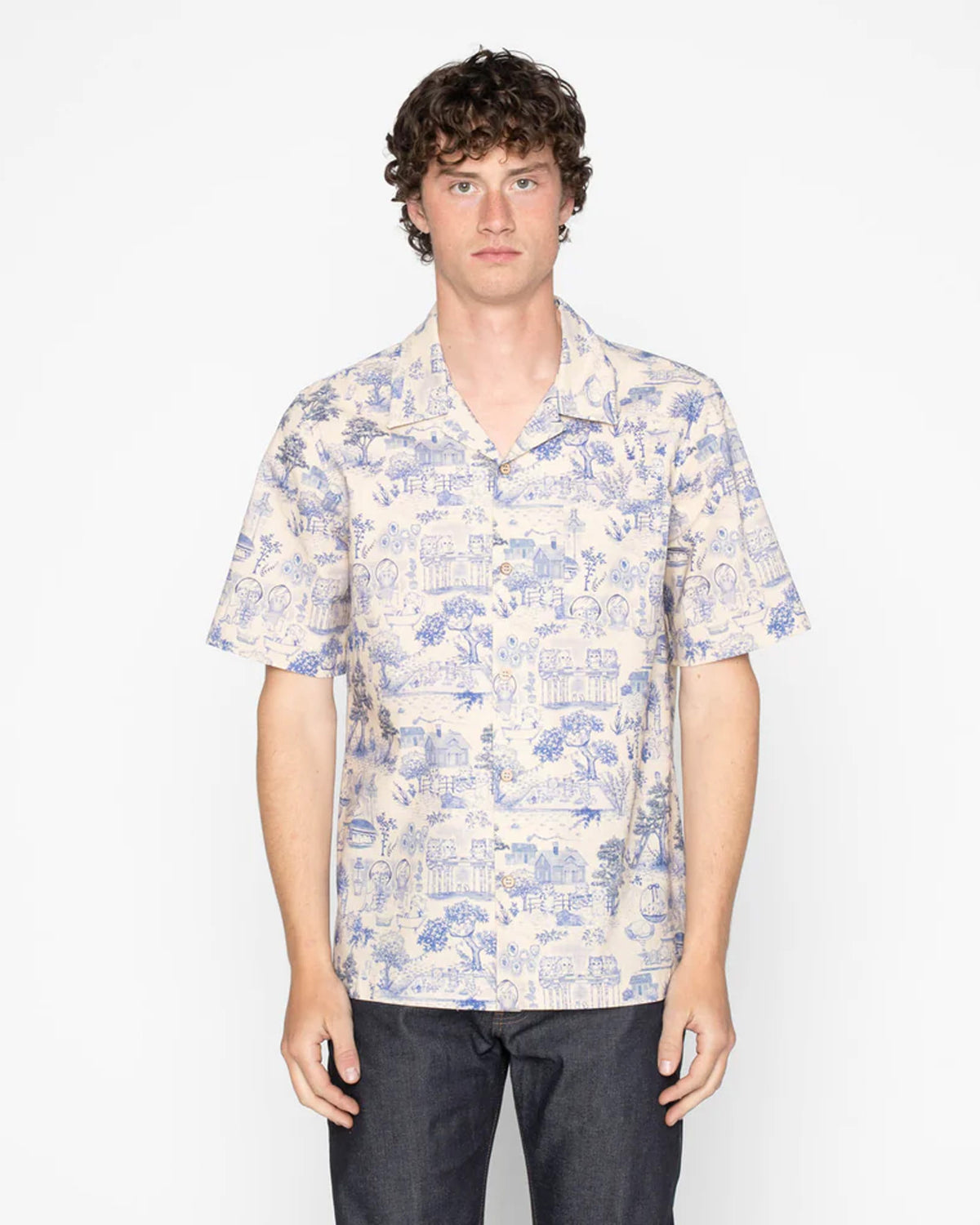 Naked & Famous Denim Aloha Shirt - Linen Cats Blue