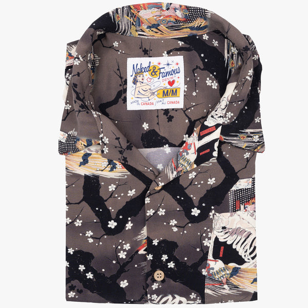 Naked & Famous Denim Aloha Shirt - Skeletons / Dark Grey | Naked & Famous Denim Shirts | JEANSTORE