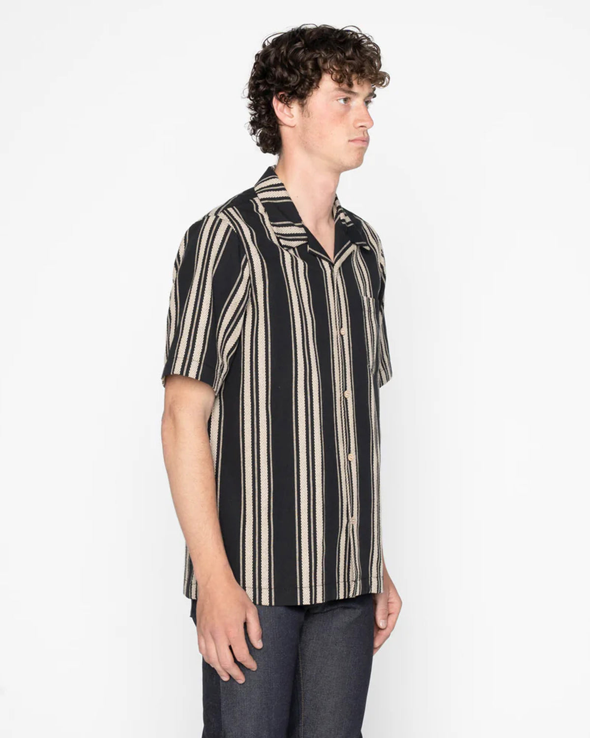 Naked & Famous Denim Dobby Bands Aloha Shirt - Black