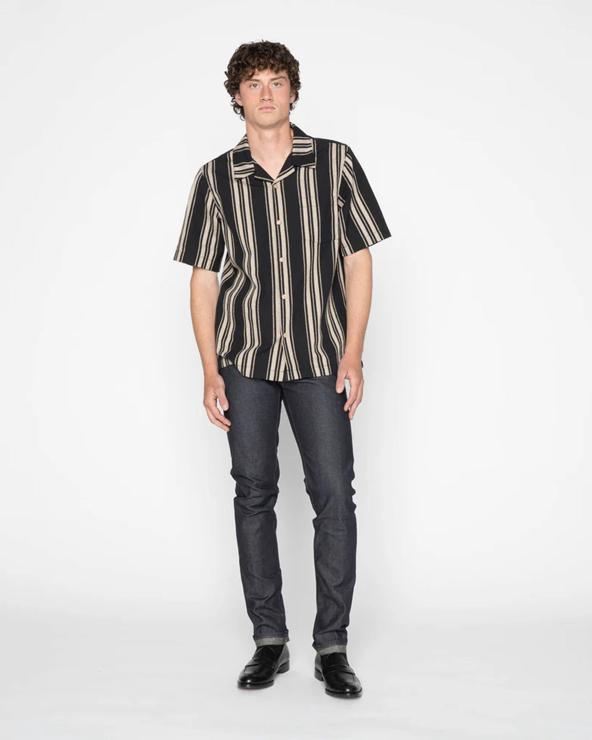 Naked & Famous Denim Dobby Bands Aloha Shirt - Black