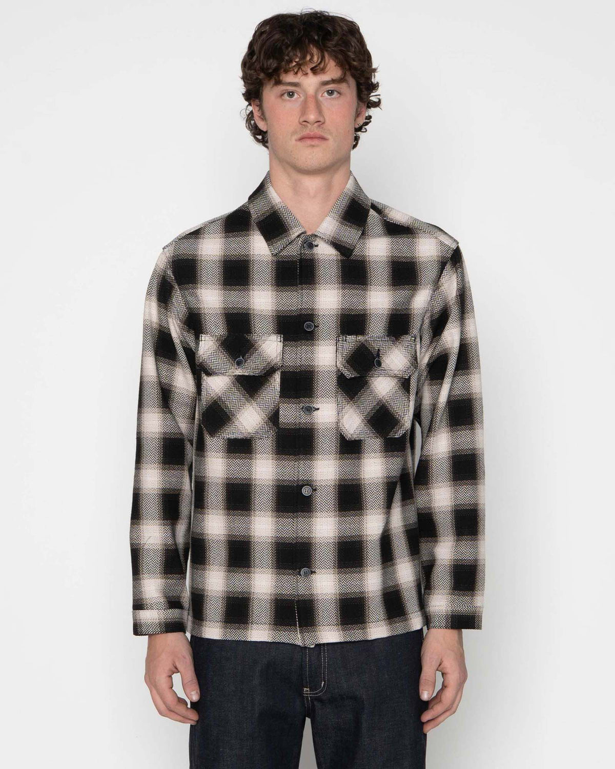 Naked & Famous Denim Work Shirt - Trippy Ombre Plaid Ivory