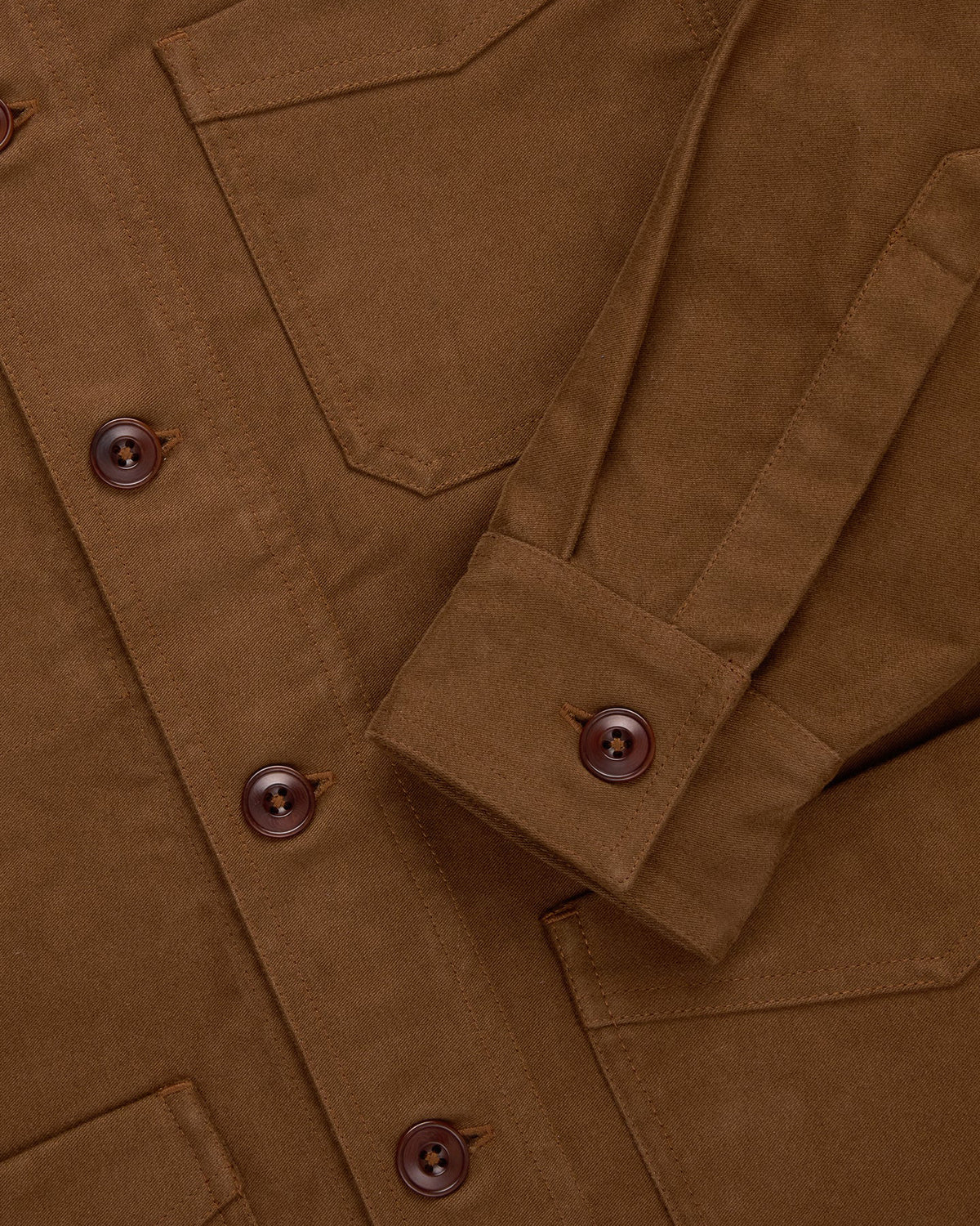 3sixteen brown moleskin work jacket styled outfit upclose view of cloth & buttons