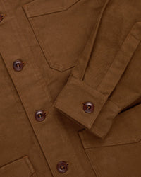 3sixteen brown moleskin work jacket styled outfit upclose view of cloth & buttons