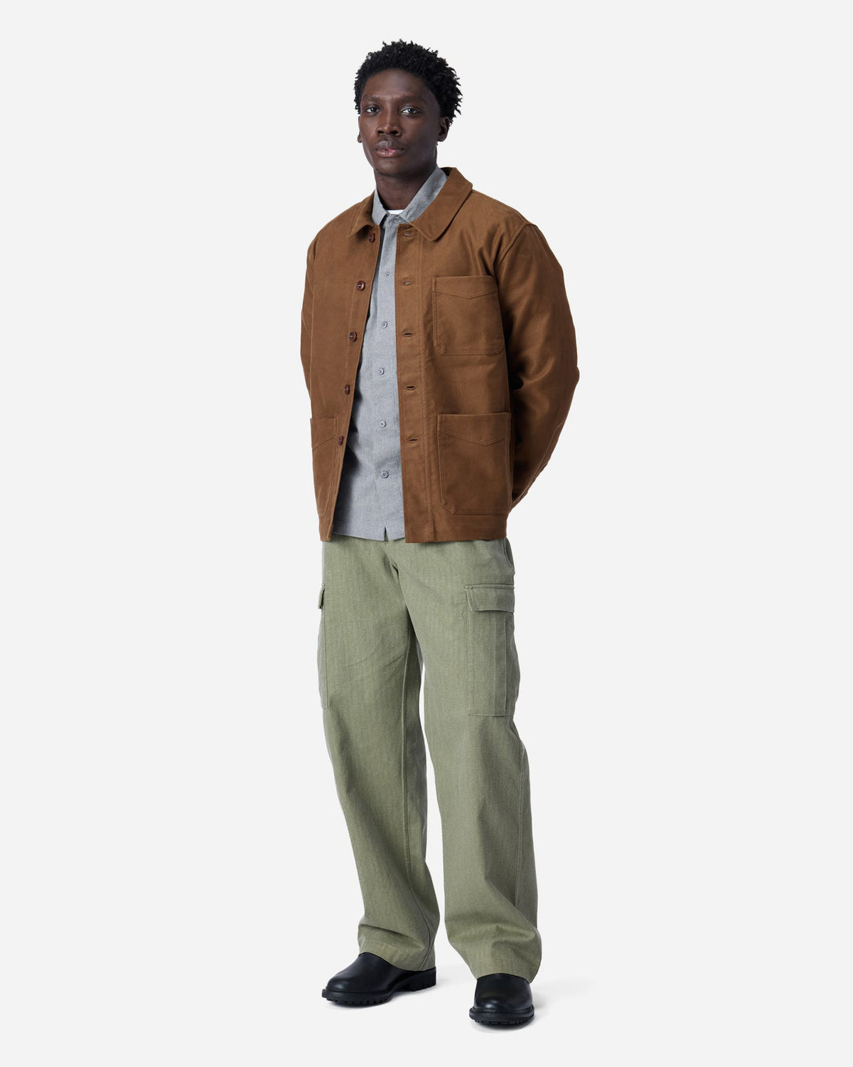 model posing in full outfit including 3sixteen brown moleskin work jacket styled outfit