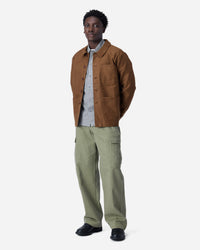 model posing in full outfit including 3sixteen brown moleskin work jacket styled outfit