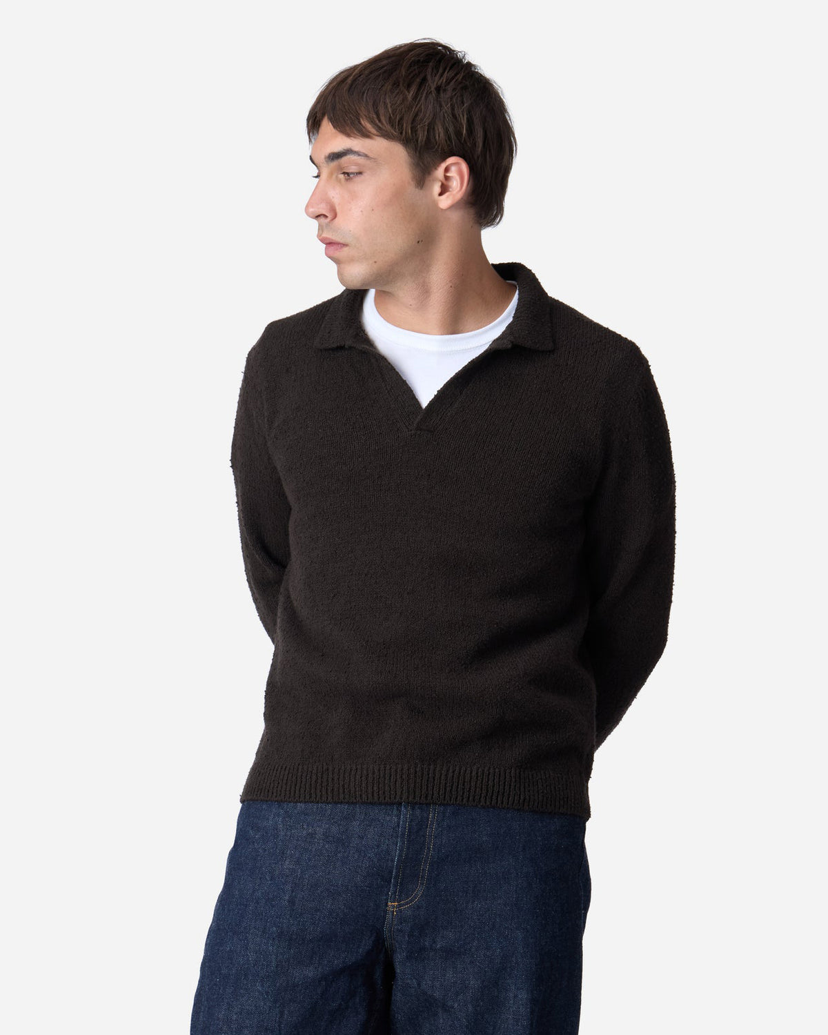 3sixteen Long Sleeve Knit Polo - Bark Boucle | 3sixteen Polo Shirts | JEANSTORE