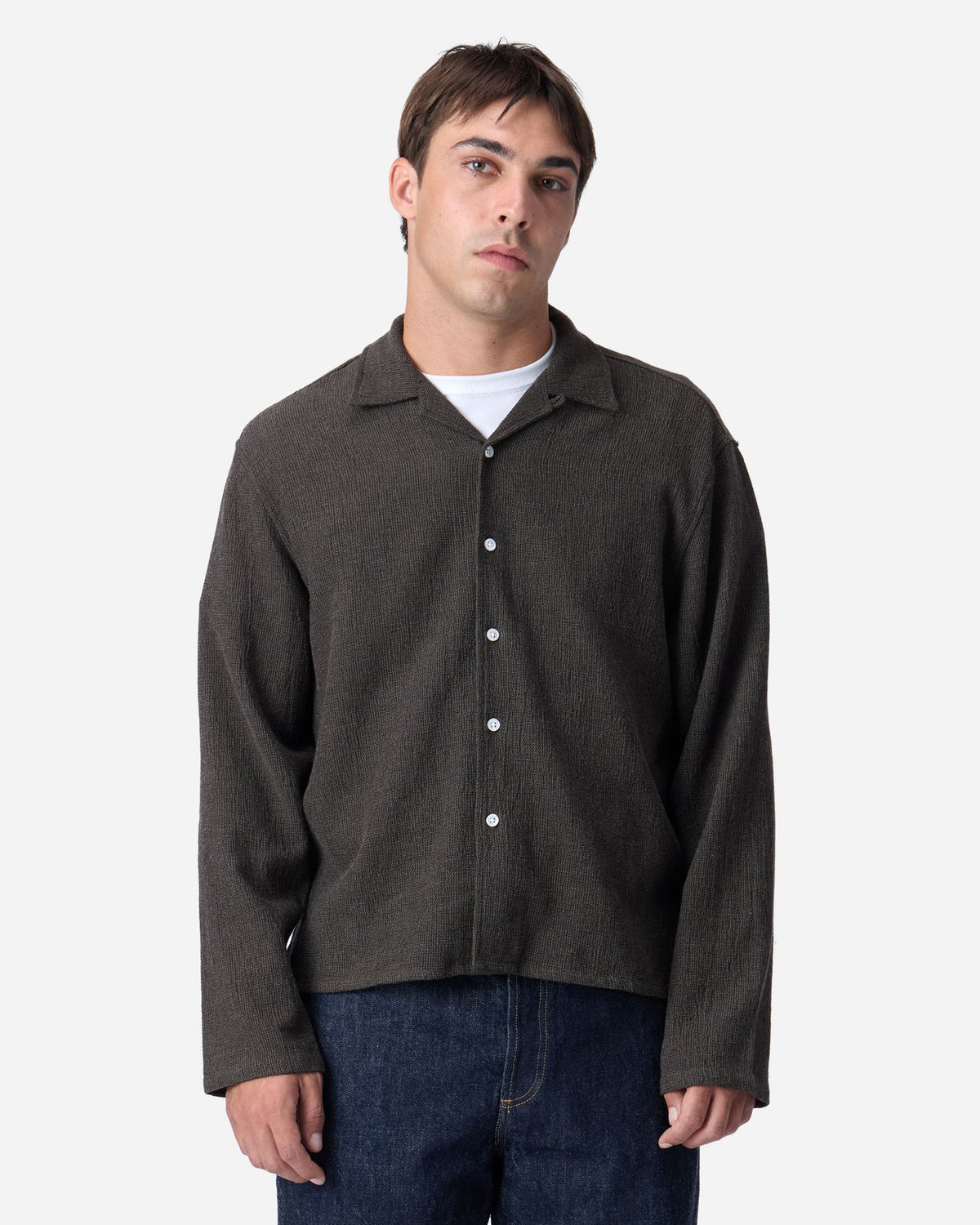 model wearing 3sixteen chocolate marled loop collar shirt