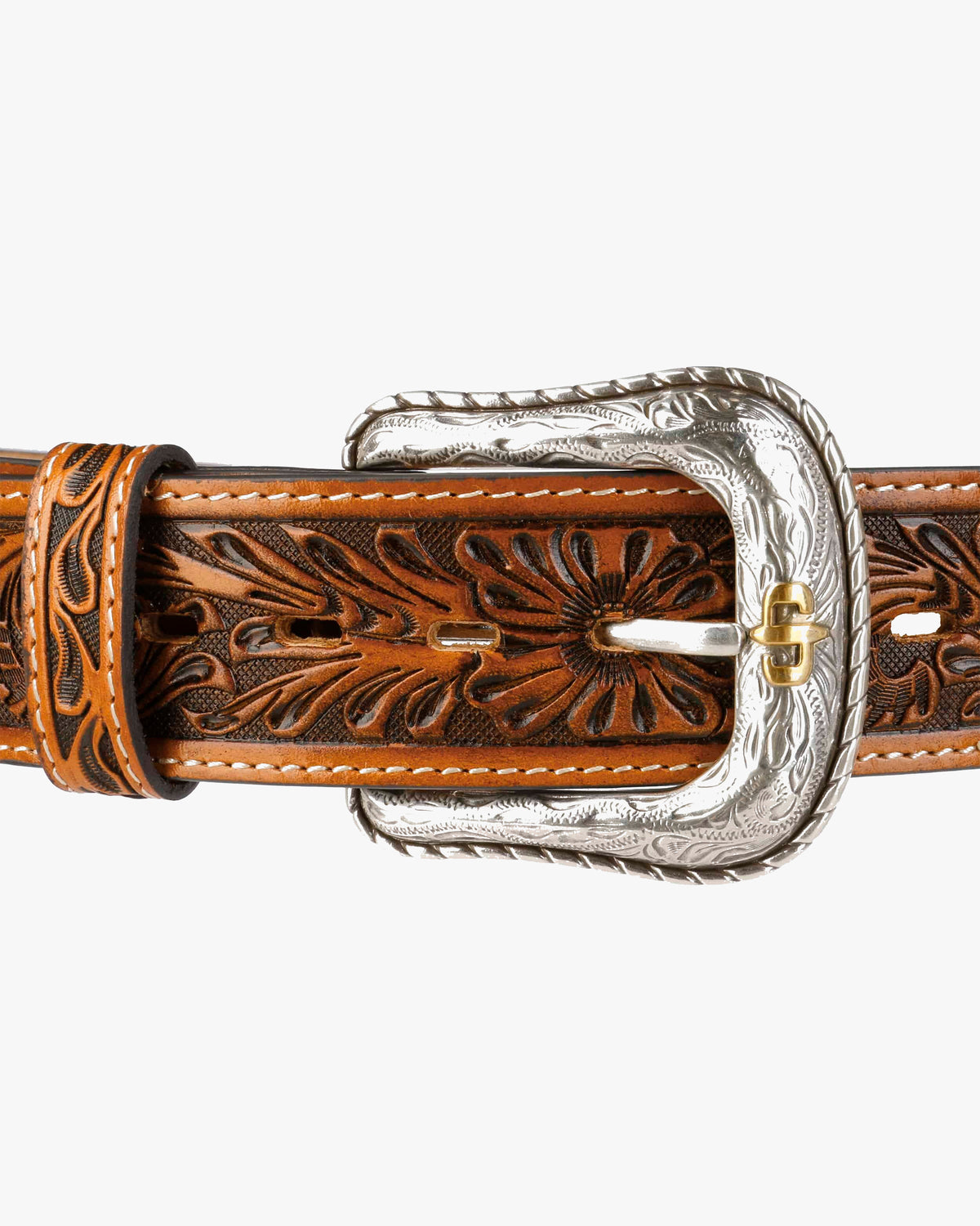 Stetson Tooled Leather Belt - Brown / Brass