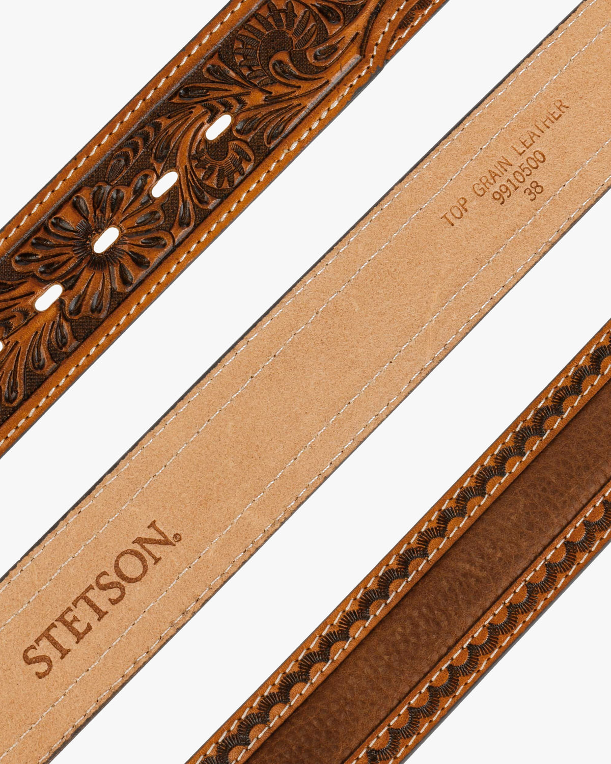 Stetson Tooled Leather Belt - Brown / Brass