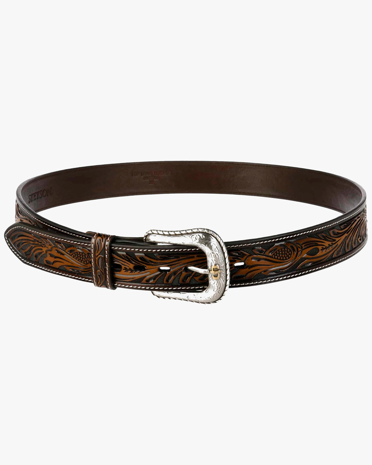 Stetson Tooled Leather Belt - Dark Brown / Brass