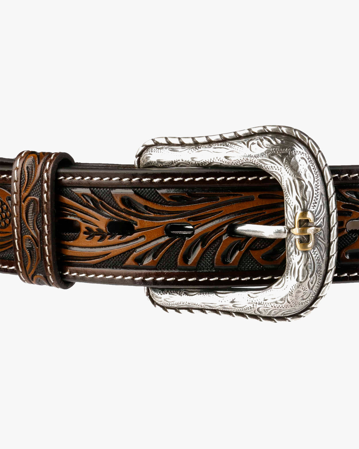 Stetson Tooled Leather Belt - Dark Brown / Brass