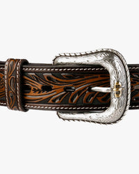 Stetson Tooled Leather Belt - Dark Brown / Brass