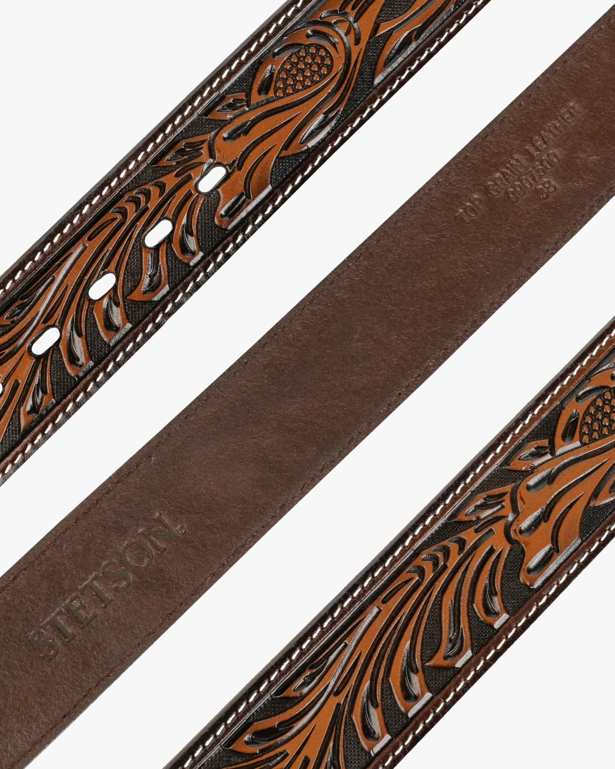 Stetson Tooled Leather Belt - Dark Brown / Brass