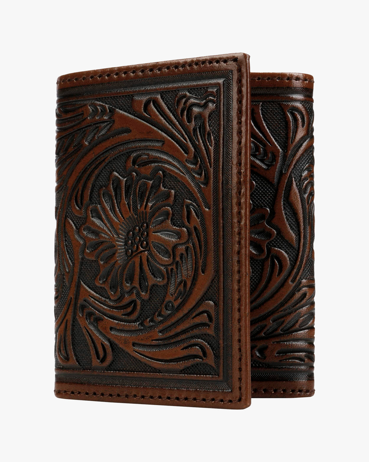 Stetson Tooled Leather Tri-Fold Wallet - Brown / Brass