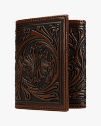 Stetson Tooled Leather Tri-Fold Wallet - Brown / Brass