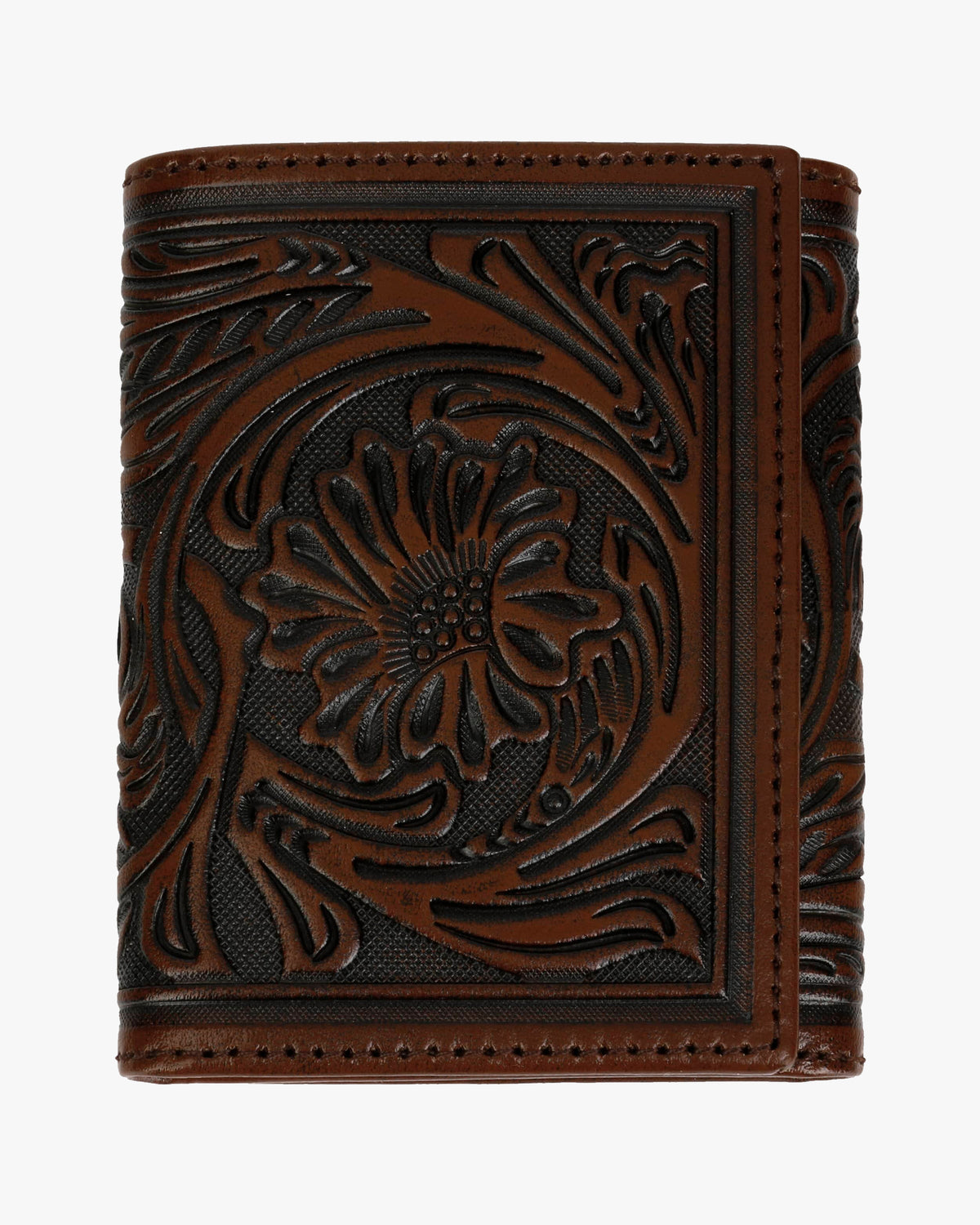 Stetson Tooled Leather Tri-Fold Wallet - Brown / Brass