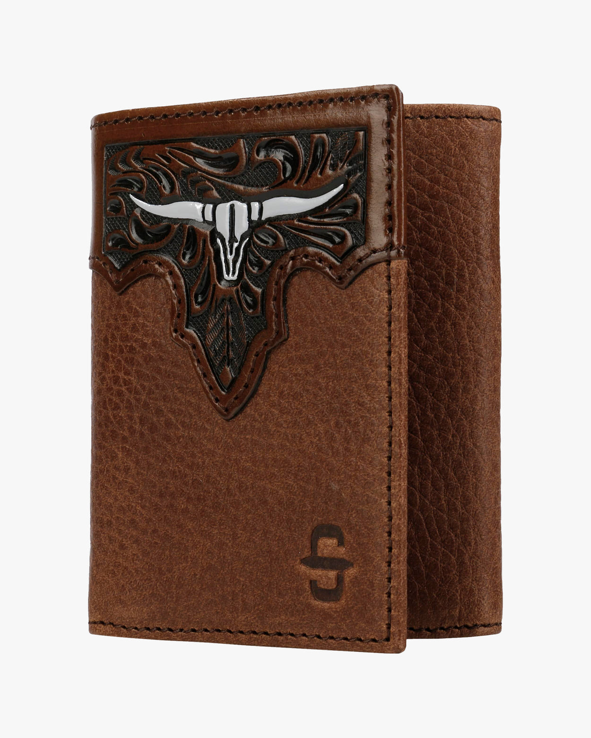Stetson Steer Head Leather Tri-Fold Wallet - Brown / Brass
