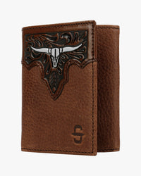 Stetson Steer Head Leather Tri-Fold Wallet - Brown / Brass