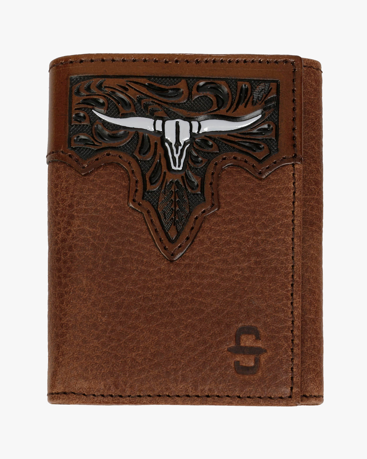 Stetson Steer Head Leather Tri-Fold Wallet - Brown / Brass