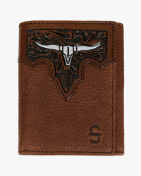 Stetson Steer Head Leather Tri-Fold Wallet - Brown / Brass