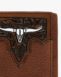 Stetson Steer Head Leather Tri-Fold Wallet - Brown / Brass