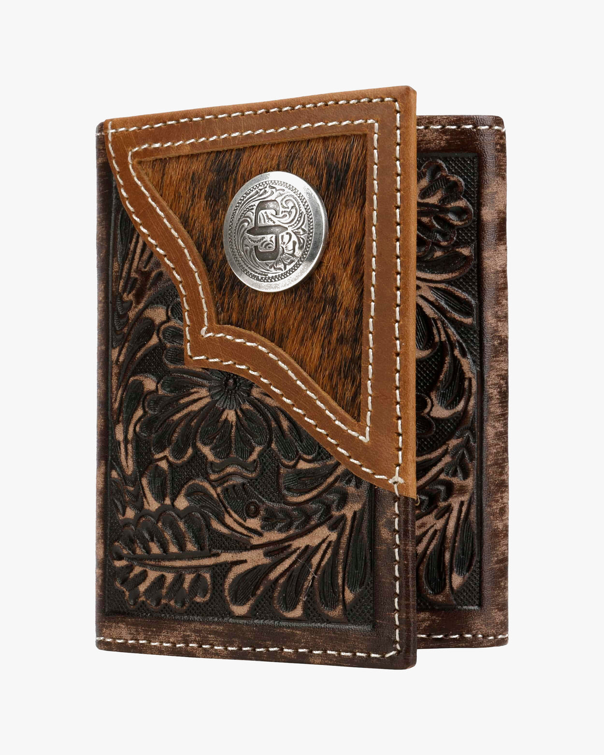 Stetson Hair-On-Hide Concho Leather Tri-Fold Wallet - Brown / Brass