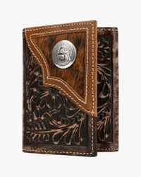 Stetson Hair-On-Hide Concho Leather Tri-Fold Wallet - Brown / Brass
