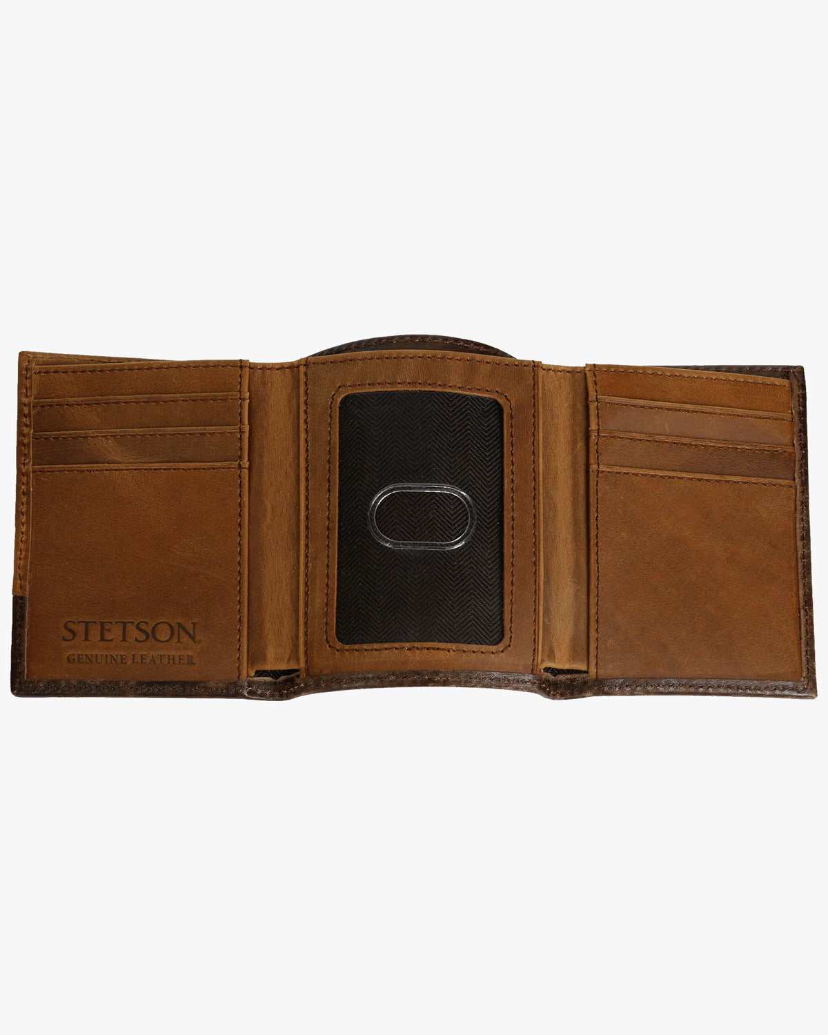 Stetson Hair-On-Hide Concho Leather Tri-Fold Wallet - Brown / Brass