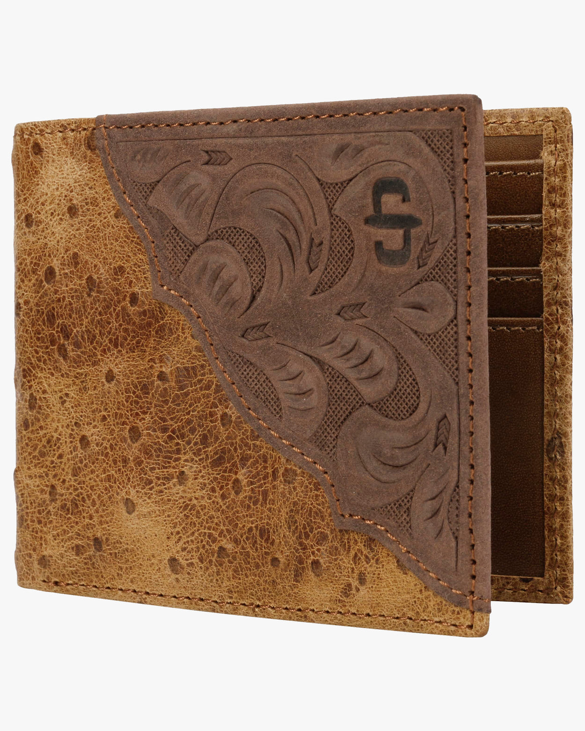 Stetson Ostrich Embossed Leather Bi-Fold Wallet - Brown / Brass