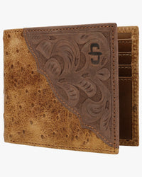 Stetson Ostrich Embossed Leather Bi-Fold Wallet - Brown / Brass