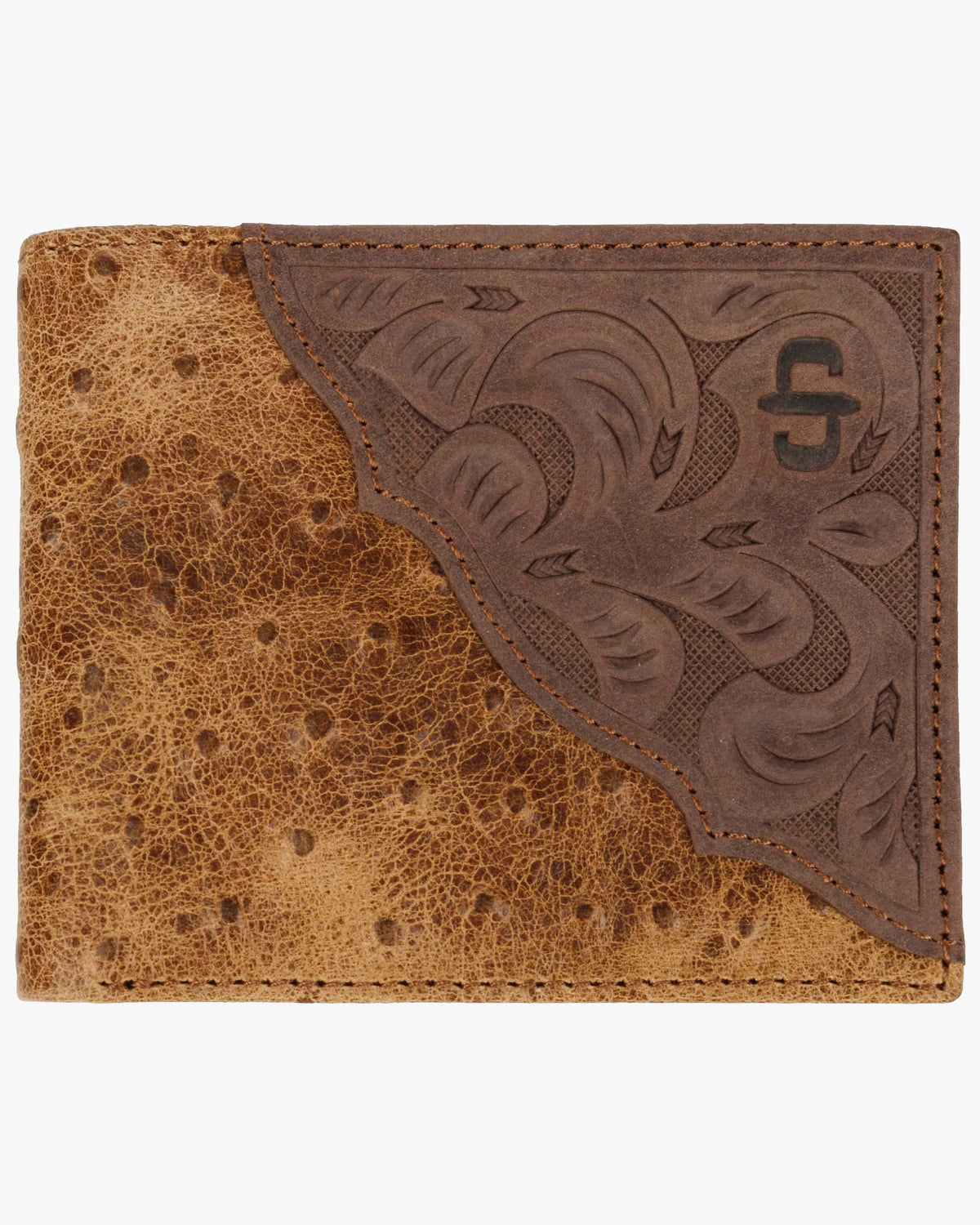 Stetson Ostrich Embossed Leather Bi-Fold Wallet - Brown / Brass