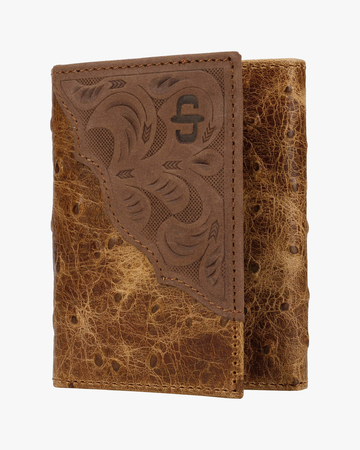 Stetson Ostrich Embossed Leather Tri-Fold Wallet - Brown / Brass