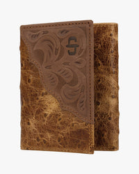 Stetson Ostrich Embossed Leather Tri-Fold Wallet - Brown / Brass