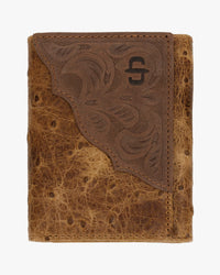 Stetson Ostrich Embossed Leather Tri-Fold Wallet - Brown / Brass