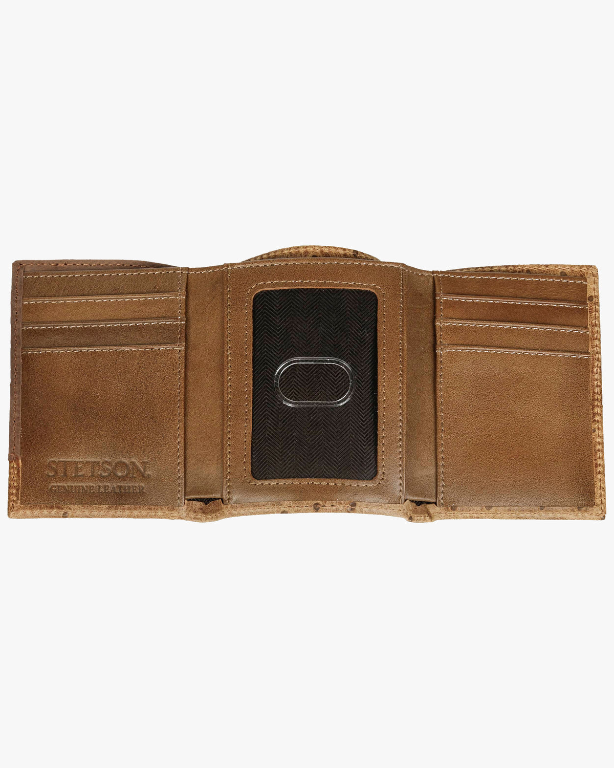 Stetson Ostrich Embossed Leather Tri-Fold Wallet - Brown / Brass