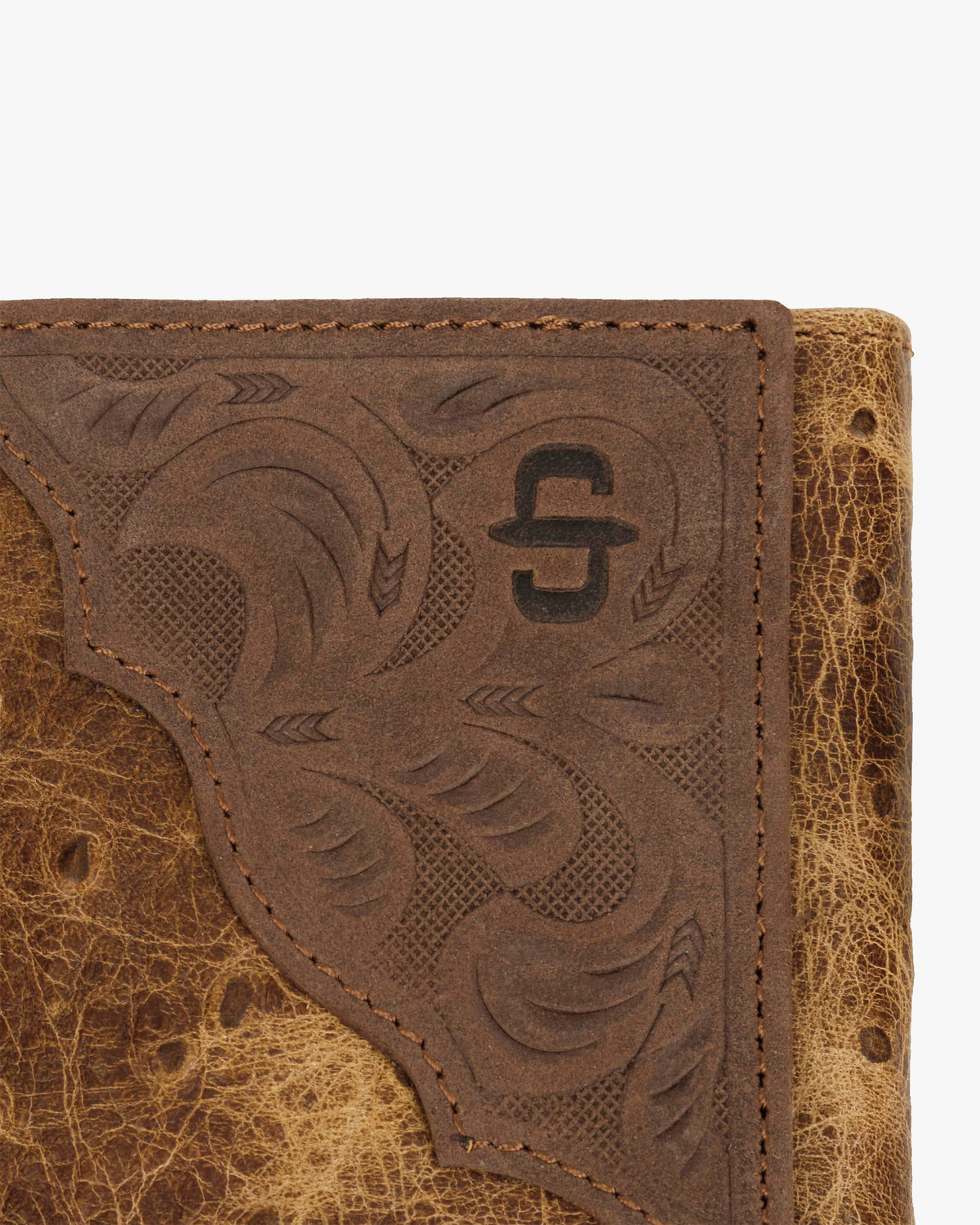 Stetson Ostrich Embossed Leather Tri-Fold Wallet - Brown / Brass