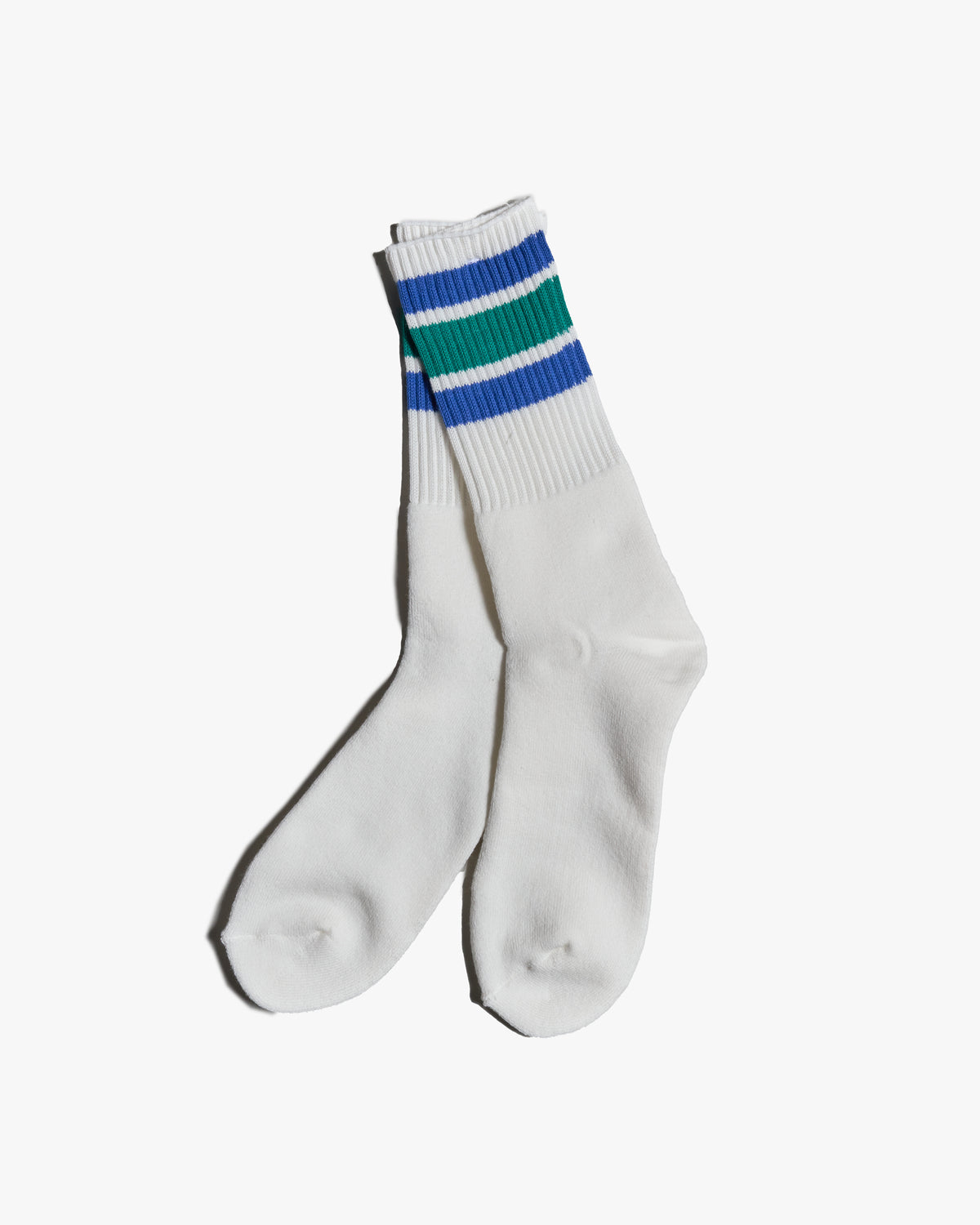 anonymous ism green melange crew socks pair with blue and white stripe detail on white background