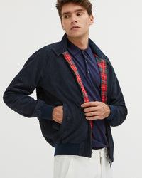 baracuta g9 suede jacket navy worn front view on model
