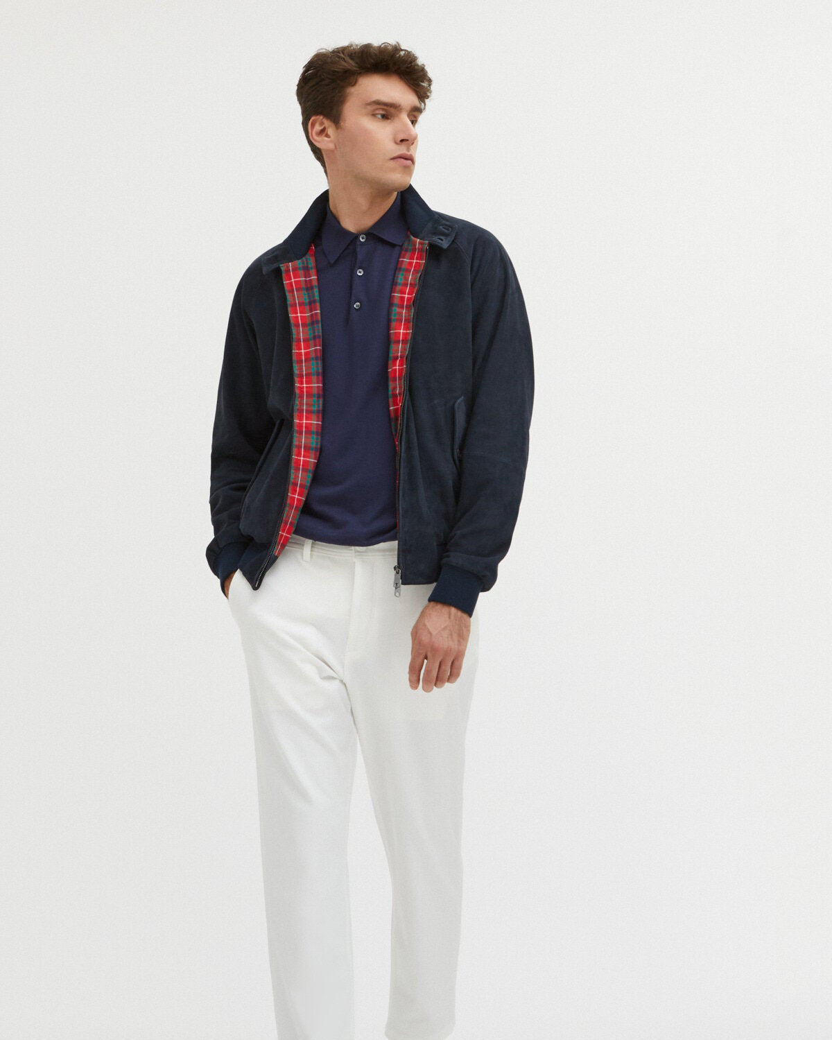 baracuta g9 suede harrington jacket navy full outfit view