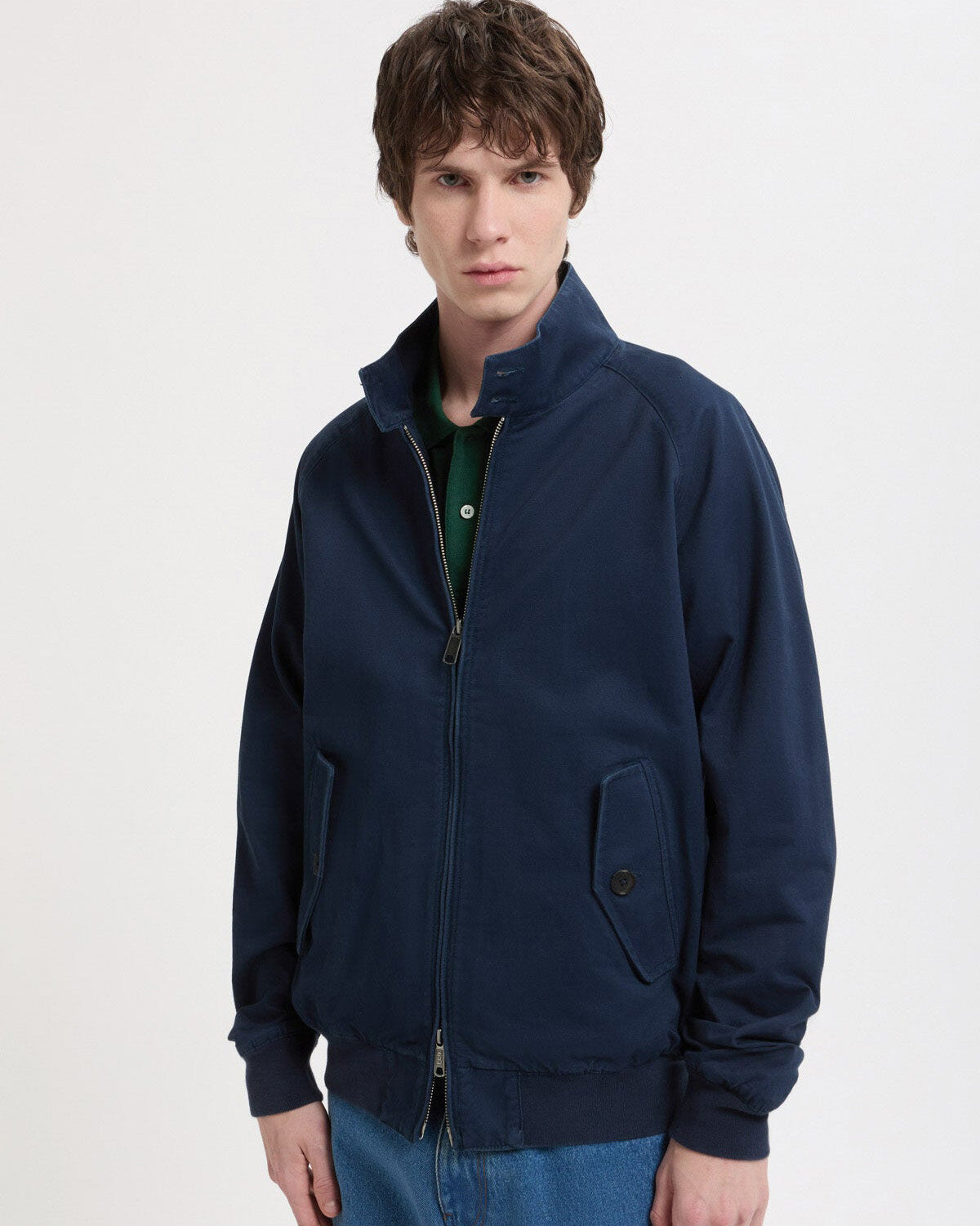 baracuta g9 twill jacket navy worn front view on model